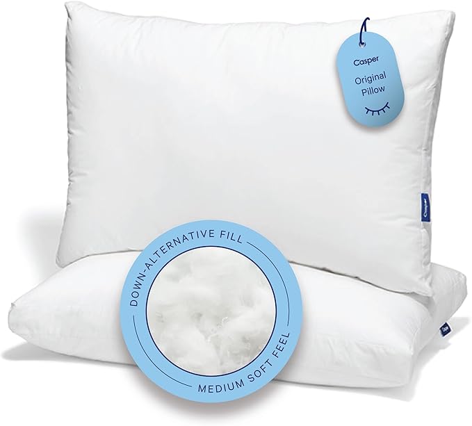 Casper Sleep Original Pillow 2-Pack, Standard Size – Medium Soft Feel, Down-Alternative Fill, Supports Side, Back & Stomach Sleepers, Neck Pain Relief, Machine Washable