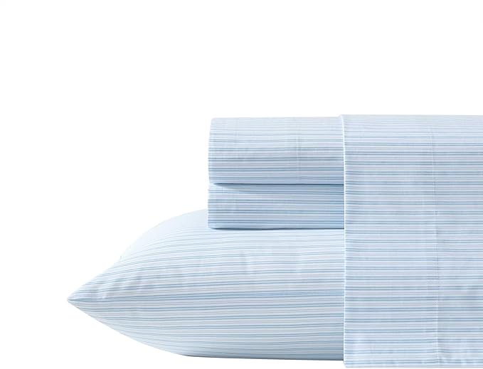 Laura Ashley - Queen Sheet Set, Crisp & Cool Cotton Percale Bed Sheets, Deep Pockets, Striped Bedding with Matching Fitted Sheet & Pillowcases (Bedford Skinny Stripe Blue)