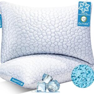 QUTOOL Cooling Pillow for Sleeping, CertiPUR-US Shredded Memory Foam Queen Pillows Set of 2, Cool Pillow for Hot Sleepers Adjustable Firm Pillow for Side, Back, Stomach Sleepers Soft Yet Support,White
